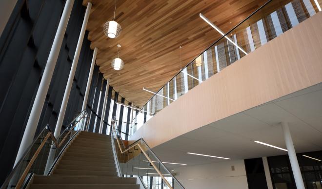 The Cruzen-Murray Library ceiling and stairs.